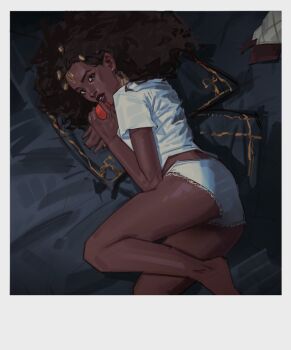 1girl arcane:_league_of_legends barefoot brown_eyes brown_hair commentary curly_hair dark-skinned_female dark_skin english_commentary forehead_jewel from_above hair_ornament highres holding indoors jewelry league_of_legends long_hair looking_at_viewer looking_to_the_side looking_up lying mel_(league_of_legends) nieldalusong on_bed on_side panties parted_lips pillow shade shirt short_sleeves solo underwear upper_body white_panties white_shirt