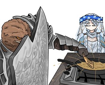 1boy 1girl absurdres animal_head armor bird_boy blue_eyes braid chun_grandfa cooking elden_ring elden_ring_nightreign flower_wreath frying_pan guardian_(elden_ring) head_wreath held_up highres holding holding_spatula low_twin_braids revenant_(elden_ring) shield spatula stove twin_braids veil white_background white_veil yellow_eyes