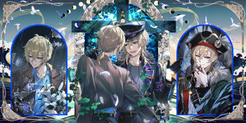 1boy absurdres art_nouveau beads belt bird black_gloves black_jacket black_pants blonde_hair blue_shirt broken_glass chest_belt chinese_commentary coat collared_shirt commentary_request contrast_lapels cowboy_shot cross cross_necklace earrings ensemble_stars! feathers from_behind fur_trim gem glass gloves green_coat grey_eyes grey_shirt hair_between_eyes hakaze_kaoru hat highres holding holding_gem jacket jewelry lapels long_sleeves looking_at_another looking_at_viewer male_focus medium_hair moon_phases multiple_persona multiple_views necklace notched_lapels official_alternate_costume open_mouth pants peaked_cap ponytail ring shirt stained_glass upper_body velvet_ship_(ensemble_stars!) yikou_zao_an_yao