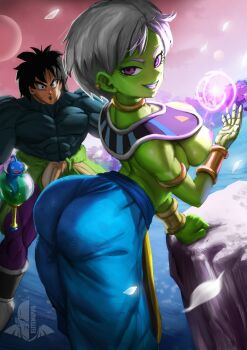 1boy 2girls absurdres alternate_costume ass back beerus beerus_(cosplay) black_hair bracelet breasts broly_(dragon_ball_super) cheelai colored_skin cosplay dragon_ball dragon_ball_super ear_piercing elite_nappa energy_ball female_focus fish grass green_skin highres jewelry large_breasts lips looking_back multiple_girls muscular muscular_male nipples oracle_fish pants piercing pink_eyes pink_sky rock short_hair sky smile spiked_hair staff teeth white_hair