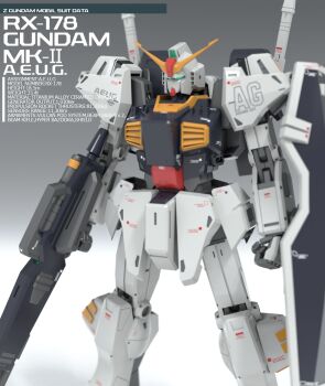 3d aeug beam_rifle character_name commentary_request derivative_work energy_gun english_text gassan_(7nan8ku) gradient_background green_eyes gundam gundam_mk_ii highres machinery mecha mecha_focus mobile_suit no_humans realistic redesign robot roundel science_fiction shield v-fin weapon zeta_gundam