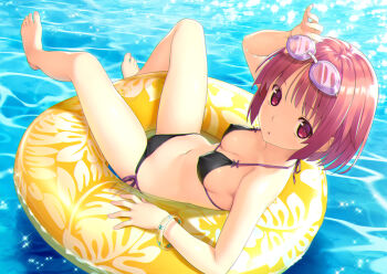 1girl barefoot bikini black_bikini bob_cut bracelet breasts covered_erect_nipples feet from_above goggles goggles_on_head innertube jewelry koutaro medium_breasts navel original parted_lips red_eyes red_hair short_hair solo swim_ring swimsuit toes water