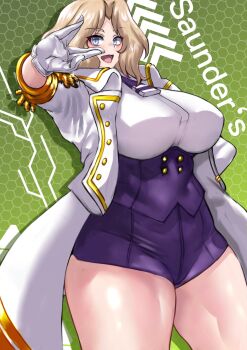 1girl arm_up blonde_hair blue_eyes bougainvillea_(unnryuu) breasts commentary_request corset cosplay cowboy_shot emblem english_text epaulettes girls_und_panzer gloves green_background grid_background gridman_universe highres huge_breasts jacket kay_(girls_und_panzer) long_hair looking_at_viewer mujina mujina_(cosplay) open_clothes open_jacket open_mouth parted_bangs purple_corset purple_shorts reaching reaching_towards_viewer salute saunders_(emblem) shirt short_shorts shorts sideways_glance smile solo ssss.dynazenon standing thick_thighs thighs vulcan_salute white_gloves white_shirt