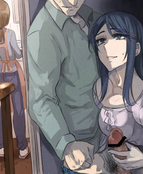 1boy 2girls apron bar_censor blue_eyes blue_hair breasts brother_and_sister brown_hair censored cheating_(relationship) commentary dated_commentary erection gimp_(medium) hair_ornament hairclip handjob head_out_of_frame hetero incest large_breasts male_pubic_hair multiple_girls netorare original painttool_sai_(medium) penis pepe_(jonasan) pubic_hair reverse_netorare siblings stealth_handjob stealth_sex yandere