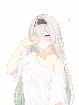 1girl black_hairband breasts commentary double-parted_bangs dress english_commentary firefly_(honkai:_star_rail) grey_hair hairband hand_up highres honkai:_star_rail honkai_(series) kyabetuno88 large_breasts long_hair off-shoulder_dress off_shoulder one_eye_closed parted_lips purple_eyes rubbing_eyes shirt short_sleeves sidelocks simple_background single_off_shoulder solo squeans straight_hair t-shirt upper_body waking_up white_background white_shirt