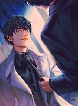 Rule 34 | 2boys, black hair, black necktie, black shirt, clothes grab, coat, collared shirt, dutch angle, hashtag-only commentary, highres, kim dokja, looking at another, multiple boys, necktie, necktie grab, neckwear grab, omniscient reader's viewpoint, open clothes, open coat, shirt, short hair, sidelighting, smirk, upper body, wei inn, white coat, yoo joonghyuk