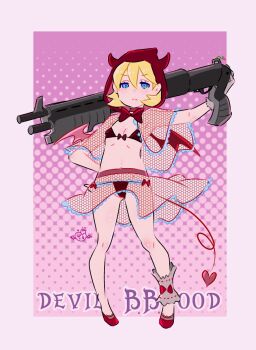 1girl alternate_species arm_up artist_logo b.b._hood bikini blonde_hair blue_eyes bow bowtie capcom capelet closed_mouth covered_erect_nipples darkstalkers demon_girl demon_horns demon_tail detached_hood english_text eyelashes female_focus fishnet_capelet fishnet_skirt fishnets flat_chest full_body gun half-closed_eyes hand_on_own_hip high_heels holding holding_gun holding_weapon hood hood_up horns logo loli medium_hair pink_background purple_background red_bikini red_bow red_bowtie red_capelet red_hood red_shoes red_skirt serious shoes shotgun simple_background skirt solo standing swimsuit tail two-tone_background weapon y.o_(chuchu)