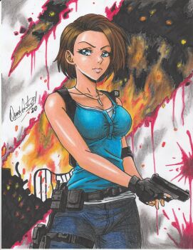1girl 2020 absurdres artist_name black_gloves blood blue_eyes breasts brown_hair bullet_hole capcom cleavage closed_mouth collarbone cowboy_shot debris denim elbow_pads female_focus fingerless_gloves fire gloves gun highres holding holding_gun holding_weapon jeans jewelry jill_valentine lips medium_breasts pants parted_lips pendant ravernclouk_design resident_evil resident_evil_3:_nemesis resident_evil_3_(remake) shirt short_hair sleeveless sleeveless_shirt solo standing traditional_media weapon white_shirt