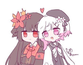 2girls armband beret black_hair black_hat black_shirt cherry_blossoms closed_mouth collared_shirt commentary flower hair_flower hair_ornament hat heart hyouenn long_hair long_sleeves mahou_shoujo_no_majo_saiban multicolored_hair multiple_girls neck_ribbon necktie nikaido_hiro open_mouth pink_eyes pink_hair red_armband red_eyes red_flower red_necktie ribbon sakuraba_ema shirt short_hair signature simple_background smile symbol-only_commentary white_background white_flower white_hair white_ribbon x_hair_ornament