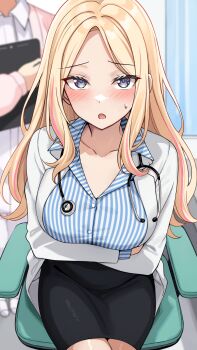 2girls :o arms_under_breasts black_skirt blonde_hair blue_eyes blue_shirt blush breasts chair collared_shirt commentary_request crossed_arms doctor gakuen_idolmaster highres idolmaster juo_sena lab_coat large_breasts long_hair multiple_girls nurse office_chair on_chair parted_lips pencil_skirt shiitake_taishi shirt sitting skirt solo_focus stethoscope_around_neck striped_clothes striped_shirt swivel_chair variant_set vertical-striped_clothes vertical-striped_shirt very_long_hair