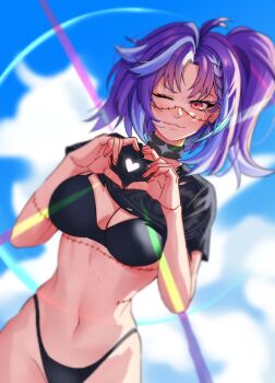 1girl absurdres backlighting blush breasts highres large_breasts looking_at_viewer michi_mochievee multicolored_hair official_alternate_costume original purple_hair rodc_art smile solo two-tone_hair underwear virtual_youtuber vshojo