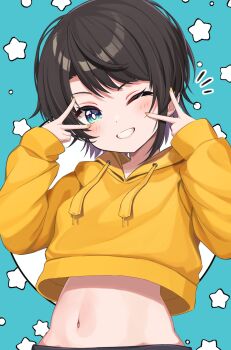 1girl ;d absurdres aqua_background aqua_eyes black_hair bright_pupils commentary_request cropped_hoodie double_v grin highres hololive hood hoodie jianzefanya long_sleeves midriff navel one_eye_closed oozora_subaru open_mouth short_hair smile solo star_(symbol) star_symbol_background stomach upper_body v v_over_eye virtual_youtuber white_pupils yellow_hoodie yellow_nails
