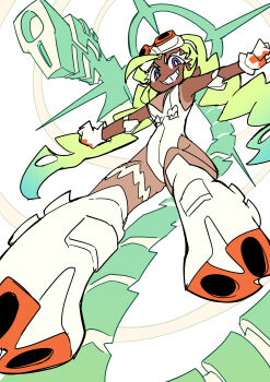 1girl absurdres boots braid breasts choker colored_eyelashes commentary_request dark-skinned_female dark_skin elbow_pads eyewear_on_head gloves gradient_hair green_hair gun gunsmith_bitch_(psg) gyaru highres leotard multicolored_hair panty_&amp;_stocking_with_garterbelt pantyhose purple_eyes see-through_clothes see-through_pantyhose simple_background smile solo teeth twin_braids weapon white_background white_choker white_eyelashes white_leotard yuateheng