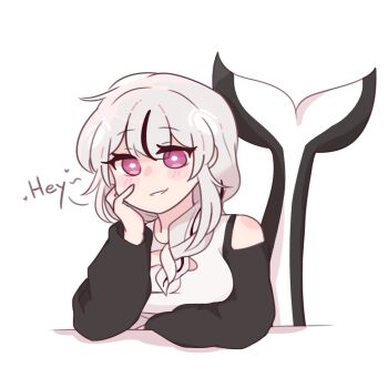 1girl artist_self-insert bare_shoulders black_hair blush_stickers braid breasts cetacean_tail chonkyorca cleavage_cutout clothing_cutout commentary fins fish_tail grey_hair hair_over_shoulder hand_up heart_cutout highres long_hair long_sleeves looking_at_viewer medium_breasts multicolored_hair orca_(chonkyorca) original puffy_long_sleeves puffy_sleeves purple_eyes shirt shoulder_cutout simple_background single_braid smile solo streaked_hair symbol-only_commentary tail upper_body white_background white_shirt