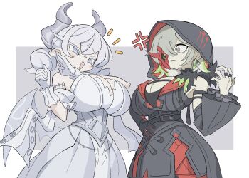 Rule 34 | 2girls, :d, anger vein, armored corset, blush, breasts, card, cleavage, colored tips, commentary request, demon girl, demon horns, demon wings, detached sleeves, diabellstar the black witch, dress, drill hair, duel monster, fang, gloves, green eyes, green hair, grey eyes, grey hair, half mask, hand on own hip, hand to own mouth, highres, hood, hood up, horns, ketsu juuji killer (kejuki), large breasts, laughing, lovely labrynth of the silver castle, low wings, mask, multicolored hair, multiple girls, multiple wings, off-shoulder dress, off shoulder, ojou-sama pose, open mouth, pale skin, pantyhose, pointy ears, red mask, red pantyhose, short hair, single detached sleeve, single glove, single sleeve, smile, translated, transparent wings, twin drills, twintails, variant set, white horns, wings, yu-gi-oh!