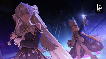 Rule 34 | 2girls, absurdres, arm up, bare shoulders, blonde hair, blue coat, blue dress, blue eyes, character request, clothing cutout, coat, copyright logo, dress, earrings, garter straps, gloves, hat, highres, jewelry, logo, long hair, long sleeves, multiple girls, official art, open mouth, pointy ears, shako cap, short dress, shoulder cutout, smile, thighhighs, very long hair, white gloves, white thighhighs, zenless zone zero