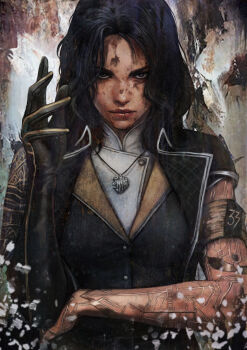 1girl absurdres arm_tattoo asian black_gloves clair_obscur:_expedition_33 gloves highres looking_at_viewer lune_(clair_obscur:_expedition_33) makeup monori_rogue paint solo tattoo