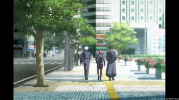 1girl 2boys aged_down bag baggy_pants black_hair black_jacket black_pants black_pantyhose black_shoes black_skirt brown_hair building city commentary_request copyright_notice crosswalk film_grain from_behind getou_suguru gojou_satoru ieiri_shoko jacket jujutsu_kaisen jujutsu_tech_uniform multiple_boys official_art pants pantyhose pencil_skirt people pillarboxed road shoes short_hair shoulder_bag skirt studio_mappa tree walking