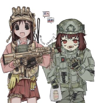 Rule 34 | 2girls, :d, american flag, arm at side, azumanga daioh's school uniform, azumanga daiou, bag, bags under eyes, bandaid, bandaid on face, bandaid on nose, black eyes, brown eyes, brown gloves, brown hair, brown helmet, bulletproof vest, colored skin, cowboy shot, drink carton, english text, frown, gloves, green gloves, green helmet, green jacket, green skin, grey bag, grey pants, gun, hair between eyes, hand on own chest, hand up, hands up, helmet, highres, holding, holding bag, holding gun, holding weapon, jacket, kasuga ayumu, leaning forward, long sleeves, looking at viewer, medium hair, milk-chan (milk series), milk carton, milk inside a bag of milk inside a bag of milk, miniskirt, multiple girls, no pupils, open mouth, pants, parted lips, pink shirt, pleated skirt, pocket, puffy long sleeves, puffy sleeves, raised inner eyebrows, red skirt, russian flag, school uniform, shirt, short hair, sidelocks, simple background, skirt, smile, standing, straight-on, tangguaqiezi, tareme, tongue, weapon, white background