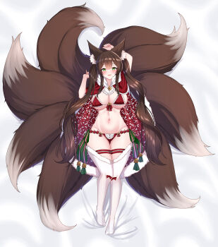 1girl absurdres alternate_breast_size_(larger) animal_ear_fluff animal_ears bell breasts brown_hair cape cleavage commentary covered_erect_nipples english_commentary fox_ears fur-trimmed_cape fur-trimmed_thighhighs fur_trim green_eyes highres kitsune large_breasts lying maru.selinn multiple_tails navel on_back open_mouth original red_cape santa_cape solo star_(symbol) tail thighhighs thighs white_thighhighs