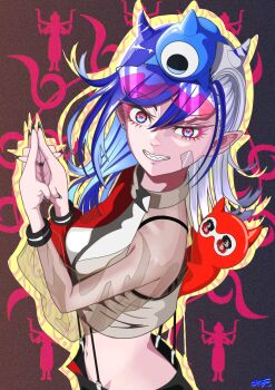 1girl absurdres ado_(utaite) ashura-chan ashura-chan_(character) blue_hair bra_strap commentary crop_top hair_between_eyes highres long_sleeves looking_at_viewer midriff multicolored_hair navel outline pointy_ears red_eyes see-through_clothes see-through_sleeves solo tomoyaku two-tone_hair white_hair yellow_outline