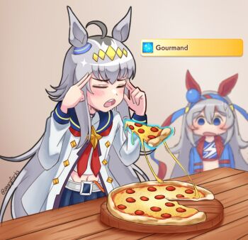 2girls ahoge angryforks animal_ears belt_buckle blue_eyes blue_hairband blue_jacket blue_sailor_collar blue_skirt blurry blurry_background blush buckle commentary cowboy_shot ear_covers ear_ornament fingers_to_head floating food gameplay_ability gameplay_mechanics grey_hair hairband headband horse_girl jacket levitation long_hair long_sleeves man_levitating_pizza_(meme) meme multicolored_hair multiple_girls navel neckerchief oguri_cap_(starlight_beat)_(umamusume) oguri_cap_(umamusume) open_mouth pizza pizza_slice pleated_skirt red_headband red_neckerchief sailor_collar shirt skirt standing striped_clothes striped_hairband sweatdrop table tamamo_cross_(umamusume) teeth twitter_username umamusume upper_teeth_only very_long_hair white_shirt yellow_background