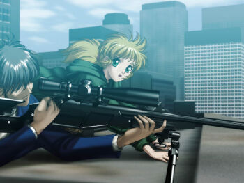 1boy 1girl cal_devens game_cg green_eyes gun long_hair outdoors phantom_integration phantom_of_inferno rifle scope sky sniper sniper_rifle sniping weapon zwei_(phantom_of_inferno)