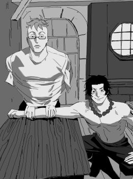 2boys bead_necklace beads bird black_hair brothers freckles glasses highres jewelry linea_alba male_focus marco_(one_piece) monochrome multiple_boys muy_bc navel necklace one_piece pectorals portgas_d._ace rectangular_eyewear semi-rimless_eyewear shirt short_hair siblings smile squatting t-shirt toned toned_male topless_male