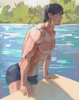 1boy abs adam's_apple ass batman_(series) black_hair black_male_swimwear bulge chapter_34 collarbone dc_comics dick_grayson fingernails highres male_focus male_swimwear navel nipples outdoors parted_lips pectorals profile shadow smile solo topless_male water wet wet_hair