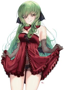 1girl :d absurdres animal_ears babydoll bat_ears bat_wings black_gloves black_panties budgiepon c.c. code_geass detached_collar elbow_gloves feet_out_of_frame floral_print gloves green_hair highres lace_trim long_hair looking_at_viewer open_mouth panties pubic_tattoo red_babydoll red_nails revealing_clothes simple_background skirt_hold smile solo tattoo underwear white_background white_gloves wings yellow_eyes