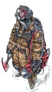 1other absurdres axe belt black_belt black_gloves brown_jacket brown_pants circular_saw commentary facing_viewer fire_axe fire_helmet firefighter firefighter_jacket full_body gas_mask gloves highres jacket knee_pads mask nameno92372763 original oxygen_tank pants saw simple_background solo standing white_background