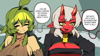 2girls alraune bare_shoulders breasts cleavage colored_skin couch detached_sleeves english_text green_hair grey_hair hair_between_horns highres horns indoors junkzero long_hair long_sleeves monster_girl multiple_girls original plant_girl plant_hair pointy_ears red_skin virgin_killer_sweater yellow_eyes