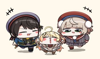 +++ 3girls =_= aged_down ahoge beret blonde_hair blue_jacket blush brown_hair buttons chibi chibi_only commentary_request double-breasted dress facing_another fortissimo full_body green_eyes grey_hat grey_jacket grey_skirt hair_ornament hair_ribbon hat holding_hands hololive hololive_dev_is indie_virtual_youtuber jacket kakue_gaku long_hair long_sleeves looking_at_another multiple_girls musical_note musical_note_hair_ornament one_side_up oozora_subaru oozora_subaru_(suspenders) otonose_kanade otonose_kanade_(1st_costume) pinstripe_jacket pinstripe_pattern pinstripe_skirt plaid_clothes plaid_dress pleated_skirt pom_pom_(clothes) pom_pom_brooch red_hat red_ribbon red_socks ribbon sailor_hat school_uniform shigure_ui_(vtuber) shigure_ui_(vtuber)_(1st_costume) short_hair simple_background skirt socks swept_bangs virtual_youtuber white_jacket yellow_background