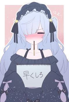 1girl absurdres bare_shoulders black_ribbon blue_hair blue_hairband blush border closed_eyes commentary_request dress facing_viewer food food_in_mouth frilled_dress frills gothic_lolita hair_over_one_eye hair_ribbon hairband highres holding holding_sketchbook incoming_pocky_kiss lolita_fashion lolita_hairband long_hair long_sleeves mahou_shoujo_no_majo_saiban mouth_hold natsume_an-an negimasandayo nose_blush one_side_up outside_border pocky pocky_day pocky_in_mouth ribbon sketchbook solo translation_request upper_body white_border