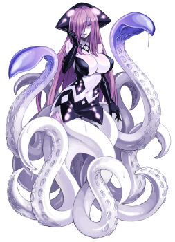 1girl blush breasts character_profile cleavage come_hither elbow_gloves female_focus gloves hair_over_one_eye hat kenkou_cross kraken_(monster_girl_encyclopedia) large_breasts long_hair looking_at_viewer monster_girl monster_girl_encyclopedia monster_girl_encyclopedia_ii navel official_art pale_skin purple_eyes purple_hair scylla sidelocks smile solo squid suction_cups tentacles text_focus