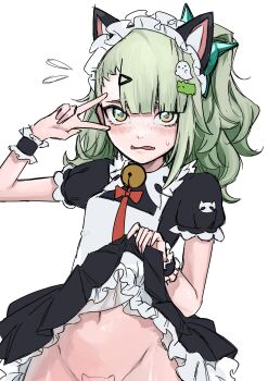 Rule 34 | 1girl, absurdres, animal ears, apron, bell, blonde hair, blush, breasts, cat, cat ears, clothes pull, do you want to pet my cat (meme), embarrassed, foxtytart, frills, full-face blush, hair ornament, hairpin, highres, looking at viewer, maid, maid apron, maid headdress, meme, navel, neck bell, nude, official alternate costume, open mouth, patreon username, petite, pulling own clothes, revealing clothes, shiny skin, shy, skirt, skirt pull, small breasts, small sweatdrop, sunna (afternoon tea break) (zenless zone zero), sunna (zenless zone zero), thighs, v, zenless zone zero