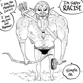 1boy absurdres bb_(baalbuddy) beard bow_(weapon) dwarf elf english_text facial_hair greyscale hammer highres holding holding_bow_(weapon) holding_hammer holding_weapon monochrome nude original pointy_ears quiver solo speech_bubble topless_male underwear weapon