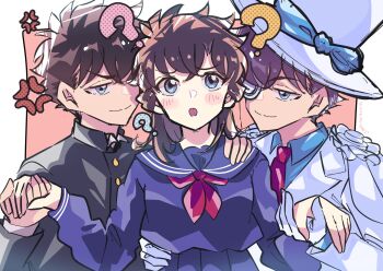 Rule 34 | 1girl, 2boys, ?, anger vein, arm around shoulder, arm around waist, black jacket, blue eyes, blue sailor collar, blue serafuku, blue shirt, blush, breasts, brown hair, closed mouth, collared shirt, crossed bangs, dual persona, furrowed brow, gakuran, gloves, gold buttons, hair between eyes, hand on another's shoulder, hand on another's waist, hat, highres, holding hands, jacket, kuroba kaito, long hair, magic kaito, medium breasts, messy hair, monocle, multiple boys, nakamori aoko, neckerchief, necktie, parted lips, pink background, red neckerchief, red necktie, sailor collar, school uniform, serafuku, shirt, short hair, smile, suit jacket, tomoe00022, top hat, upper body, white gloves, white hat, white jacket