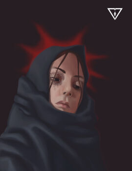 1girl black_eyes black_hood black_robe brown_hair commentary cracked_skin expressionless frown highres lips looking_down original portrait realistic robe seveninks solo watermark