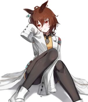 1girl absurdres agnes_tachyon_(tach-nology)_(umamusume) agnes_tachyon_(umamusume) ahoge animal_ears black_pantyhose blush brown_hair chemical_structure closed_mouth coat commentary cork dio_dio earrings english_commentary hair_between_eyes highres horse_ears horse_girl jewelry lab_coat long_sleeves looking_at_viewer necktie pantyhose red_eyes shirt shoes short_necktie simple_background single_earring sitting sleeves_past_fingers sleeves_past_wrists solo sweater sweater_vest test_tube umamusume white_background white_coat wolf_cut yellow_sweater yellow_sweater_vest