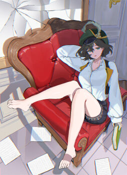 1girl absurdres arm_behind_back arm_up armchair barefoot black_leotard black_shorts black_vest book breasts brown_hair chair chromatic_aberration cleavage collarbone commentary crack cracked_glass full_body green_eyes green_hat hair_between_eyes hashtag-only_commentary hat hat_feather highres holding holding_book indoors large_breasts leotard looking_at_viewer maybedrawing mole mole_under_eye newsboy_cap on_chair open_clothes open_vest paper parted_lips recoleta_(reverse:1999) reverse:1999 shadow shirt short_hair short_shorts shorts sidelocks sitting sitting_sideways solo tile_floor tiles variant_set vest white_shirt