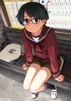 1girl bag bench bespectacled black_hair brown_eyes brown_sailor_collar brown_serafuku brown_shorts chart commentary_request female_focus full_body glasses jewelry kantai_collection looking_at_viewer makio_(makiomeigenbot) mogami_(kancolle) red-framed_eyewear ring sailor_collar school_uniform serafuku shoes short_hair shorts sitting smile solo swept_bangs wedding_band
