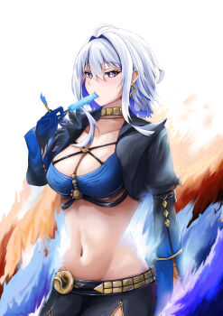 Rule 34 | 1girl, absurdres, ahoge, bandeau, black jacket, black pantyhose, black shorts, blue bandeau, blue hair, blue hands, breasts, cleavage, collarbone, colored extremities, commentary, cowboy shot, cropped jacket, cwbimh, earclip, earrings, food, food in mouth, galbrena (wuthering waves), gold choker, grey hair, groin, hair between eyes, highres, holding, holding food, holding popsicle, jacket, jewelry, long sleeves, looking at viewer, medium breasts, medium hair, midriff, mole, mole on neck, multicolored hair, navel, open clothes, open jacket, pantyhose, popsicle, popsicle in mouth, puffy long sleeves, puffy sleeves, purple eyes, short shorts, shorts, sidelocks, single leg pantyhose, solo, standing, two-tone hair, wuthering waves