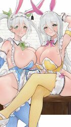 2girls absurdres alcohol animal_ear_hairband animal_ears animated arm_behind_head armband asymmetrical_docking bilingual_commentary blinking blue_leotard blue_thighhighs blush bouncing_breasts bow bowtie breast_press breasts brick_wall center_frills chair champagne champagne_flute cleavage closed_mouth commentary commission commissioner_upload covered_navel crossed_legs cup dan-98 detached_collar detached_sleeves drinking_glass english_commentary fake_animal_ears fake_tail fishnet_thighhighs fishnets frilled_leotard frilled_sleeves frills frown gekkou_(senran_kagura) gloves green_bow green_bowtie green_eyes green_ribbon grey_hair hair_between_eyes hair_ribbon hairband high_heels highleg highleg_leotard highres holding holding_tray huge_breasts leotard light_bulb long_hair looking_at_viewer looping_animation lounge_chair maid_headdress md5_mismatch mixed-language_commentary multiple_girls official_alternate_costume official_alternate_hairstyle pink_bow pink_bowtie pink_ribbon pixiv_commission playboy_bunny rabbit_ears rabbit_tail resolution_mismatch ribbon senkou_(senran_kagura) senran_kagura siblings sisters sitting sitting_on_table skindentation smile source_smaller standing strapless strapless_leotard tagme tail thighhighs tray twintails video white_gloves white_wrist_cuffs wrist_cuffs yellow_armband yellow_leotard yellow_thighhighs