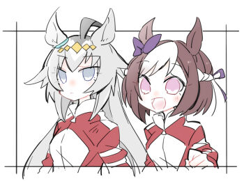 Rule 34 | 2girls, :d, animal ears, beer hsk, blush, bow, braid, brown hair, closed mouth, commentary request, cropped torso, ear bow, grey eyes, grey hair, horse ears, jacket, long hair, multicolored hair, multiple girls, oguri cap (umamusume), open mouth, pink eyes, purple bow, red jacket, smile, special week (umamusume), track jacket, two-tone hair, umamusume, upper body, very long hair, white background, white hair