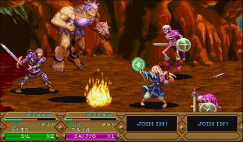 1girl 2boys armor blonde_hair blue_capelet boss_fight capelet casting_spell commentary_request dithering dungeon_meshi dungeons_&amp;_dragons:_chronicles_of_mystara elf holding jumping laios_touden long_hair long_sleeves marcille_donato multiple_boys ogre open_mouth parody partially_translated pixel_art pointy_ears robe shieo short_hair skeleton staff sword trait_connection translation_request user_interface weapon