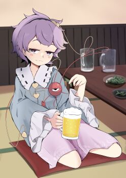 1girl absurdres alcohol architecture beer blue_shirt blush_stickers chabudai cushion doyagao drink east_asian_architecture facing_viewer flat_chest food frilled_shirt_collar frilled_sleeves frills full_body grin half-closed_eyes highres holding holding_drink jitome komeiji_satori looking_at_viewer pink_skirt purple_hair raised_eyebrows seiza shirt short_hair sitting skirt smile smug solo subterranean_animism sutasuku2010 table tatami touhou wide_sleeves zabuton
