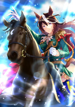 Rule 34 | 1girl, absurdres, aiguillette, ascot, black thighhighs, brown hair, cape, cheenosuke, commentary request, creature and personification, diffraction spikes, earrings, epaulettes, fine art parody, frilled skirt, frills, glint, gloves, gold trim, green skirt, highres, horse girl, horseback riding, jewelry, light rays, long hair, medal, miniskirt, multicolored hair, name connection, napoleon crossing the alps, parody, partial commentary, personification, purple eyes, real life, red cape, riding, single earring, single epaulette, skirt, symboli rudolf (racehorse), symboli rudolf (umamusume), thighhighs, umamusume, white gloves, white hair