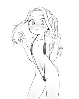 1girl :o absurdres alternate_hairstyle artist_name bikini blush boku_no_hero_academia double_v eri_(boku_no_hero_academia) felipe_godoy female_focus flat_chest greyscale highres horns loli long_hair looking_at_viewer monochrome navel open_mouth ponytail simple_background single_horn slingshot_swimsuit solo standing swimsuit thighs v