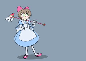 1girl animated animated_gif anna_rettberg apron blue_background blue_dress blush_stickers bow brown_hair cardcaptor_sakura commentary dress english_commentary full_body fuuin_no_tsue gloves green_eyes hair_bow holding holding_wand kinomoto_sakura kinomoto_sakura_(princess_dreams) looking_to_the_side mary_janes pink_bow pink_shoes shoes short_hair simple_background solo standing wand white_apron white_gloves